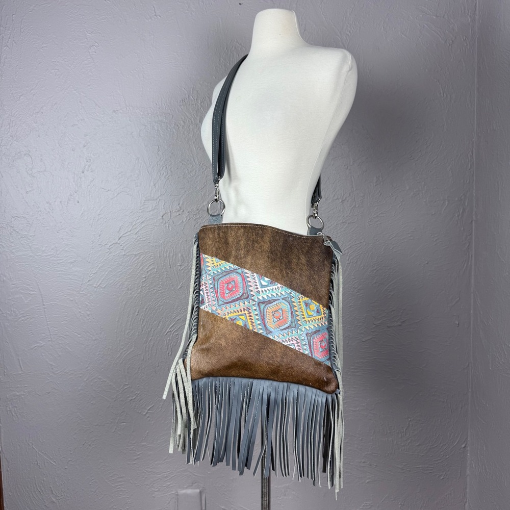 Dancing Cactus Designs hair on leather fringe embossed gray Boho bag purse